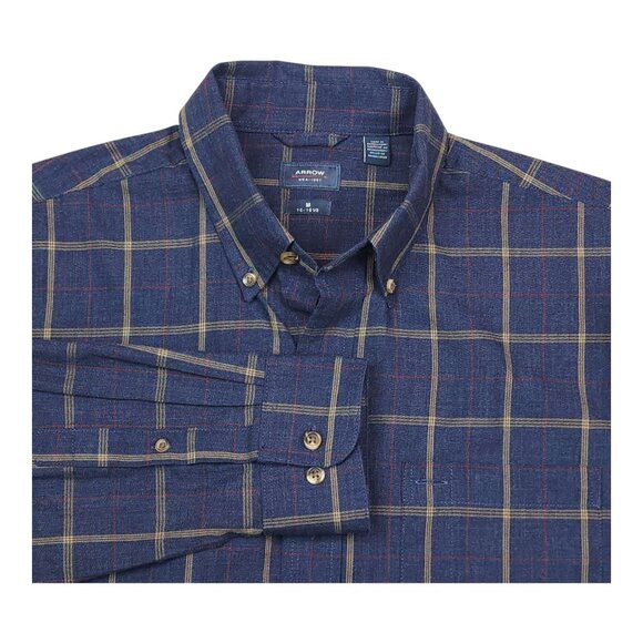 Arrow Mens Plaid Button-Down Shirt M Navy & Tan Cotton Polyester - Picture 1 of 9